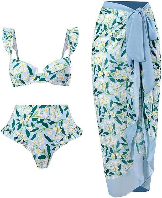 One Piece Swimsuit Women with Skirt Beach Bikini Sets Colorful Floral Two Piece Outfits Summer Se... | Amazon (US)