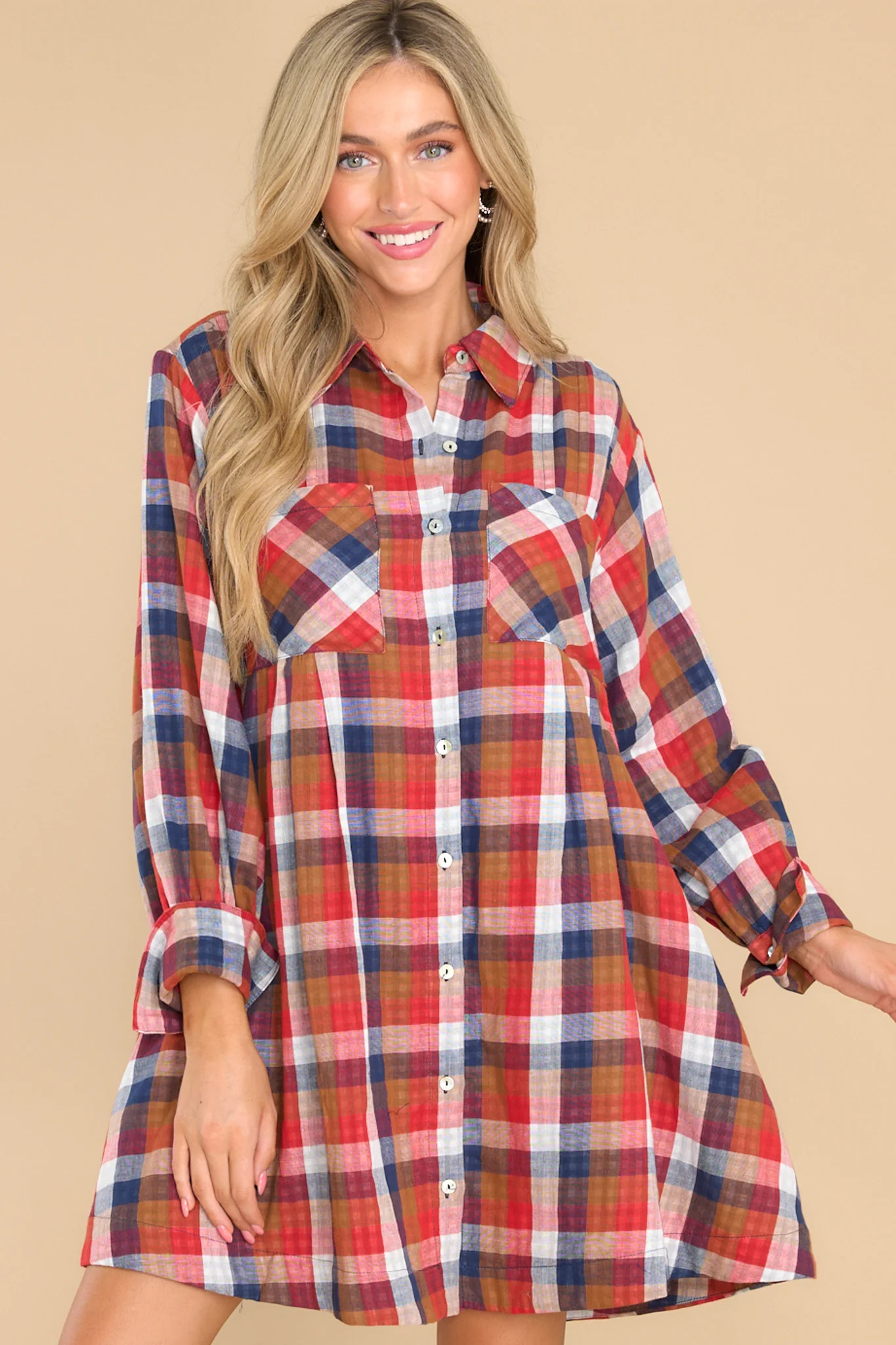 Gliding By Red Multi Plaid Dress | Red Dress 