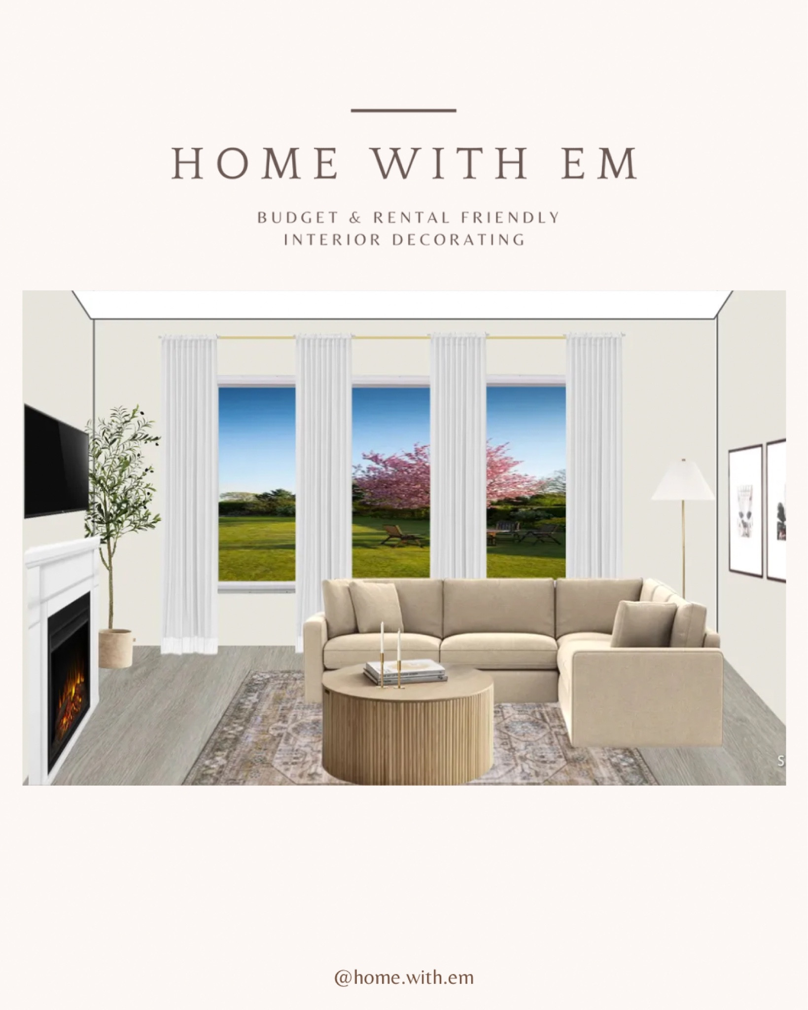 A neutral family room with a washable rug, a round wood coffee table, a faux olive tree, black frames, and gold floor lamp.

#LTKhome #LTKstyletip #LTKsalealert