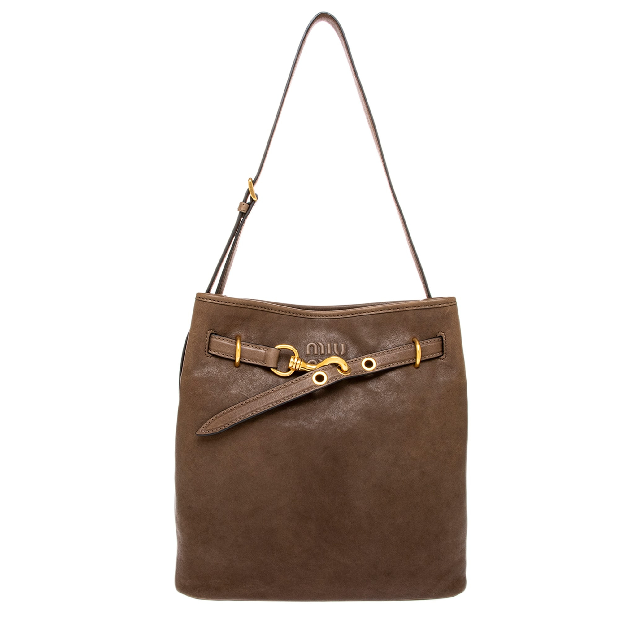 Miu Miu Aventure Leather Bucket Bag - Tundra | Overstock