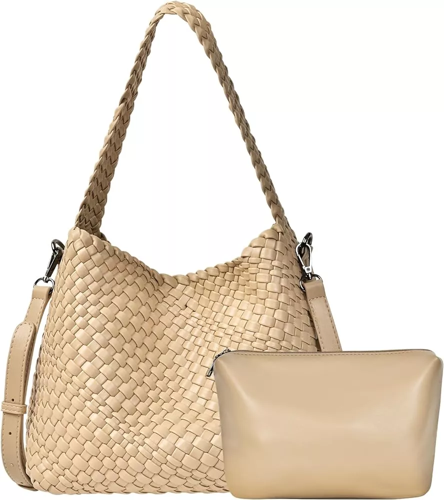 Woven Tote Bag Vegan Leather Purse for Women - Beach Handbag Weave Purse  Summer Shoulder Bag with Clutch Pouch