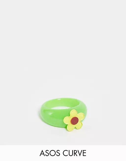 ASOS DESIGN Curve plastic ring with yellow flower in green | ASOS (Global)