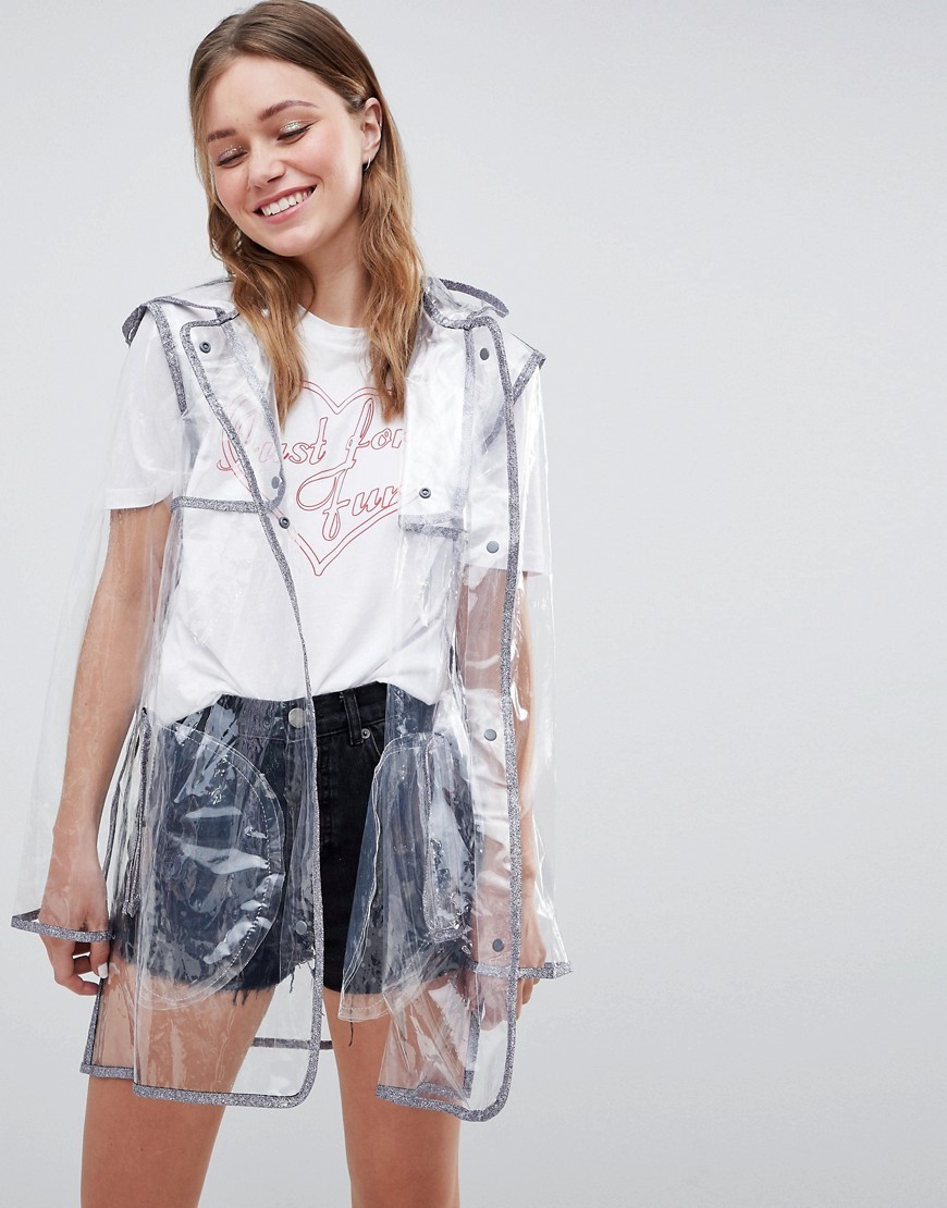 Brave Soul Everley Clear Rain Trench with Glitter Binding - Gray | ASOS US