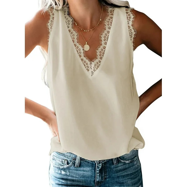 Dokotoo Women's Casual Tank Tops V Neck Blouse Lace Boho Tee Shirt Lightweight Tops Loose Tank To... | Walmart (US)
