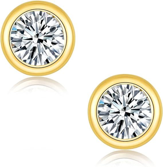 Moissanite Diamond Earrings for Women 925 Sterling Silver Bezel Set Round Studs Topfook Jewelry. | Amazon (US)
