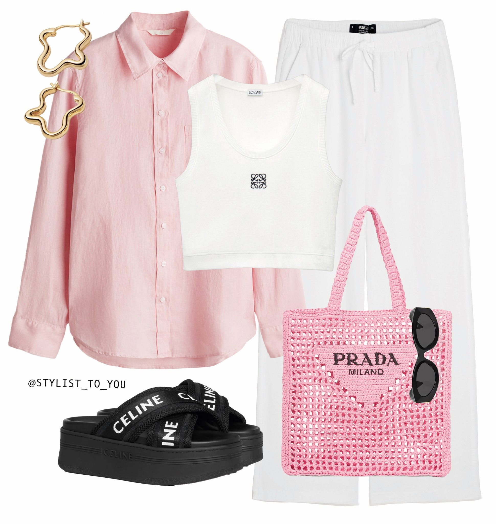 Strawberry Daiquiri 🍧

A stylish and relaxed summer holiday resort outfit featuring a pastel pink oversized button-up textured shirt, a white cropped tank top with a Loewe logo detail, flowy white drawstring pants trousers, black platform Celine sandals with logo straps, a pink Prada crochet tote bag, black sunglasses, and abstract gold wave hoop earrings.
pastel outfit, pink shirt, oversized button-up, relaxed fashion, white pants, flowy trousers, lightweight fabric, casual chic, summer style, vacation outfit, beachwear, white tank top, logo tank, crop top, modest outfit, breathable outfit, effortless fashion, street style, minimalist look, monochrome outfit, neutral tones, black sandals, platform sandals, sporty chic, Celine footwear, luxury fashion, statement accessories, gold earrings, hoop earrings, bold jewellery, crochet bag, Prada tote, pink accessories, trendy handbag, summer essentials, resort wear, travel outfit, fashion-forward, outfit inspiration, easygoing look.

#LTKuk #LTKmodest #LTKeurope
