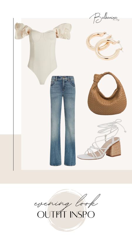 Summer evening outfit inspo
Flare jeans 
Woven purse
Midsize summer style

#LTKstyletip #LTKSeasonal #LTKcurves
