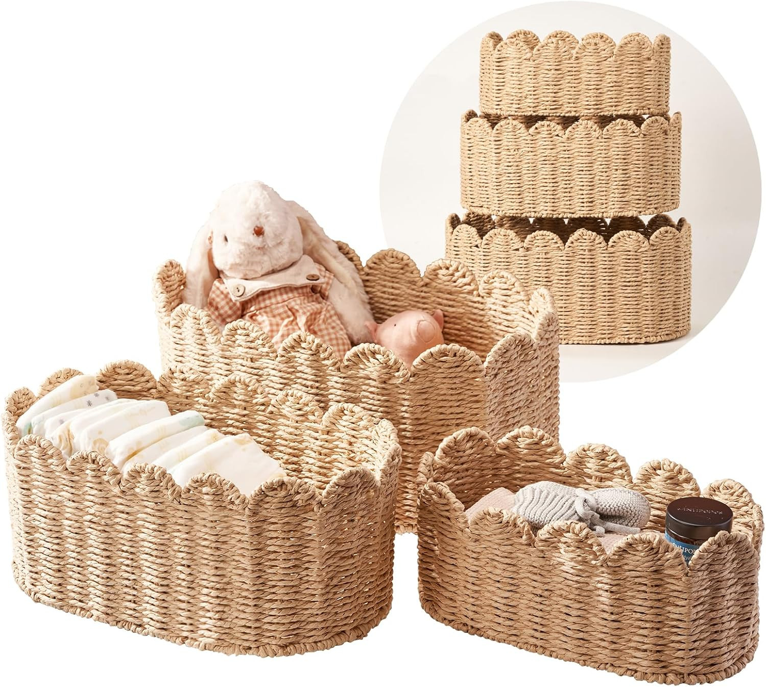 Scalloped Basket Set of 3, Wicker Storage Baskets - Hand-Woven Paper Rope Nursery Organizer for D... | Amazon (US)
