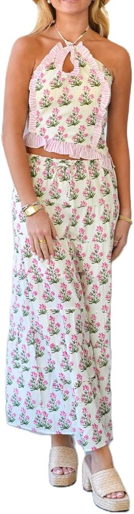 Womens 2 Piece Maxi Skirt Set Y2k Halter Ruched Cami Top Tiered Flowy Ruffle Skirt 2025 Summer Be... | Amazon (US)