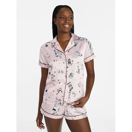 Joyspun Women’s Stretch Satin Short Sleeve Top and Shorts Pajama Set, Sizes XS-3X | Walmart (US)