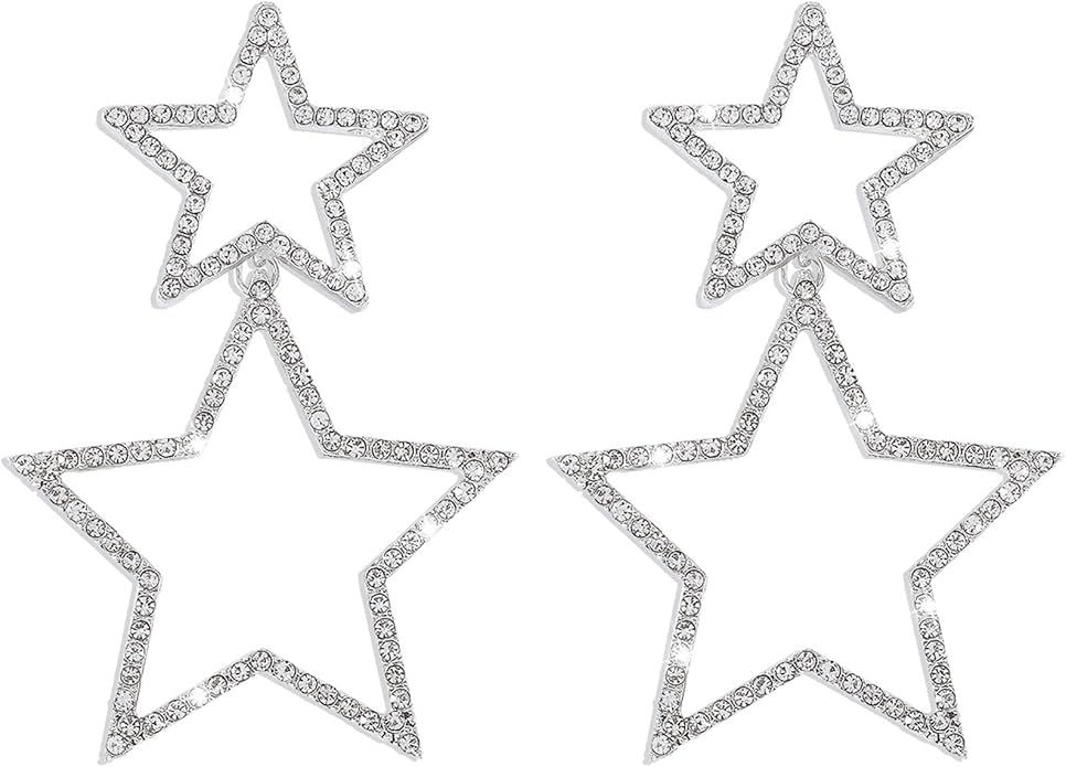 Sliver Star Stud Earrings for Women Rhinestone Big Star Dangle Earrings Lightweight Crystal Dangl... | Amazon (US)