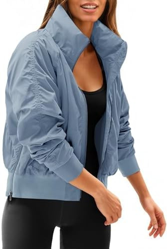 Fisoew Womens Windbreaker Crop Jackets Long Sleeve Zip Up Hidden Hooded Winter Bomber Jacket with... | Amazon (US)