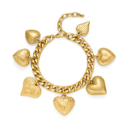 ENSKEFEN Vintage Gold Heart Charm Bracelets for Women Chunky Cuban Chain Bracelet with 7 Love Hearts Charm Adjustable Matte Gold Heart Bracelet | Amazon (US)