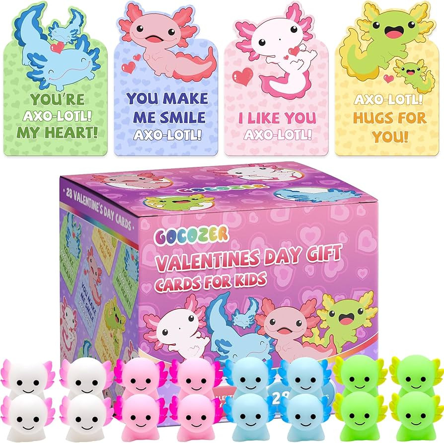 28Pack Axolotl Valentines Cards for Kids Classroom, Axolotl Squishies Mochi Valentine Gifts for K... | Amazon (US)