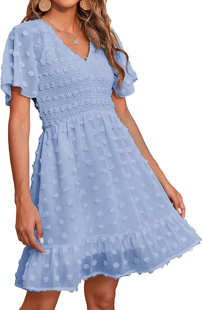BTFBM Women's V Neck Smocked Short Sleeve Casual Dress Swiss Dot Swing Flowy Ruffle Hem Mini Beac... | Amazon (US)