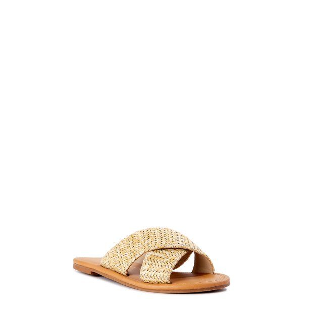 Melrose Ave. Los Angeles Women's Faux Raffia Crossband Slide Sandals - Walmart.com | Walmart (US)