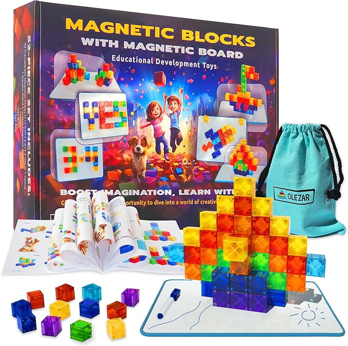 48pcs Magnetic Transparent Blocks, 1inch, 2-in-1 STEM Set with Board, Marker & Book, Educational ... | Amazon (US)