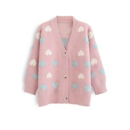Button Down Heart Fuzzy Knit Cardigan in Pink | Chicwish