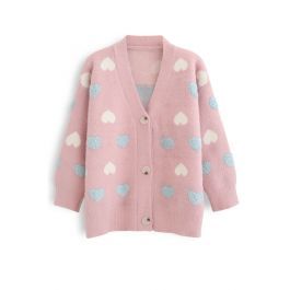 Button Down Heart Fuzzy Knit Cardigan in Pink | Chicwish