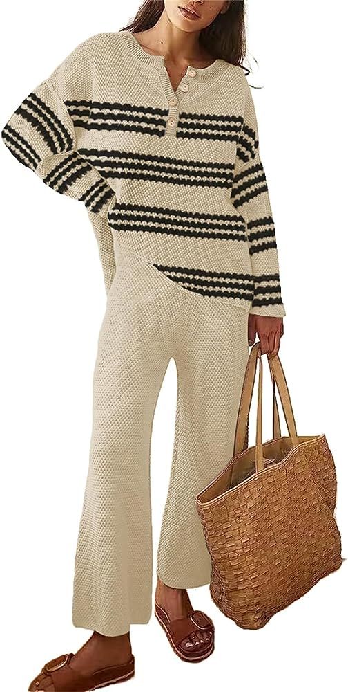Women's Two Piece Trendy Sweater Sets Outfits 2023 Chunky Waffle Knit Lounge Set Pullover Wide Le... | Amazon (US)