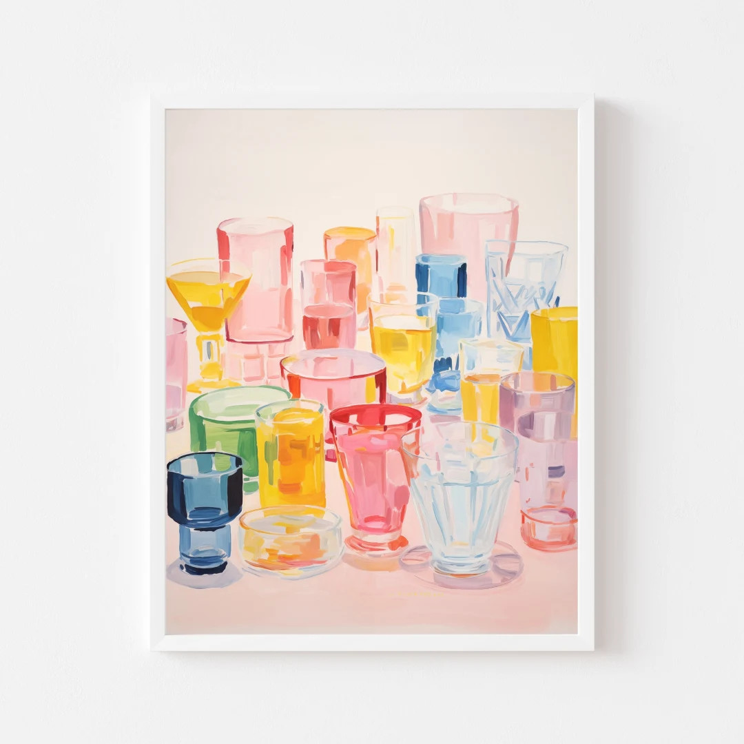 Colorful Glassware Painting Bar Cart Art Print Cocktail Glass Digital Download Rainbow Kitchen Pr... | Etsy (US)