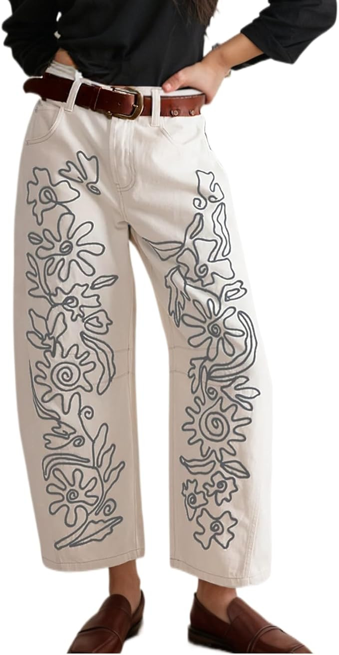 Embroidered Jeans for Women Barrel Pants Baggy Jean Y2k Boyfriend Cheetah Print Mid Rise Denim An... | Amazon (US)