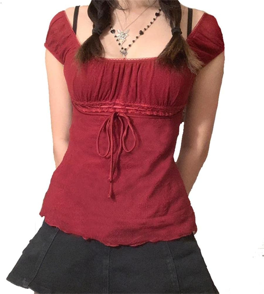 Women Fairy Grunge Y2k Shirts See Through Square Neck Lace Patchwork Tops Vintage Goth Aesthetic ... | Amazon (US)