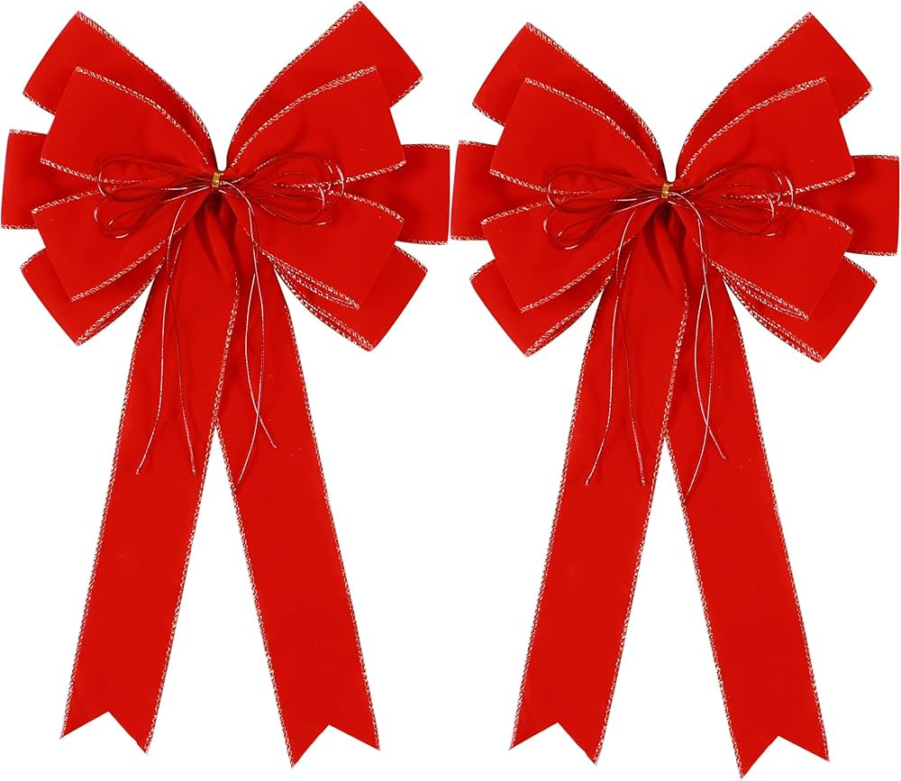 2 Pack Red Christmas Bows Outdoor Decorations,12”x20” Large Velvet Wreath Bow with Glitter St... | Amazon (US)