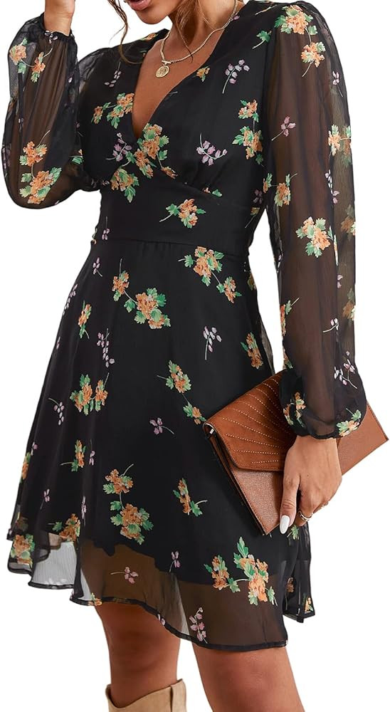 CUPSHE Women's Floral Print Chiffon A-Line Mini Dress Long Peasant Sleeves Elastic Autumn Dress | Amazon (US)