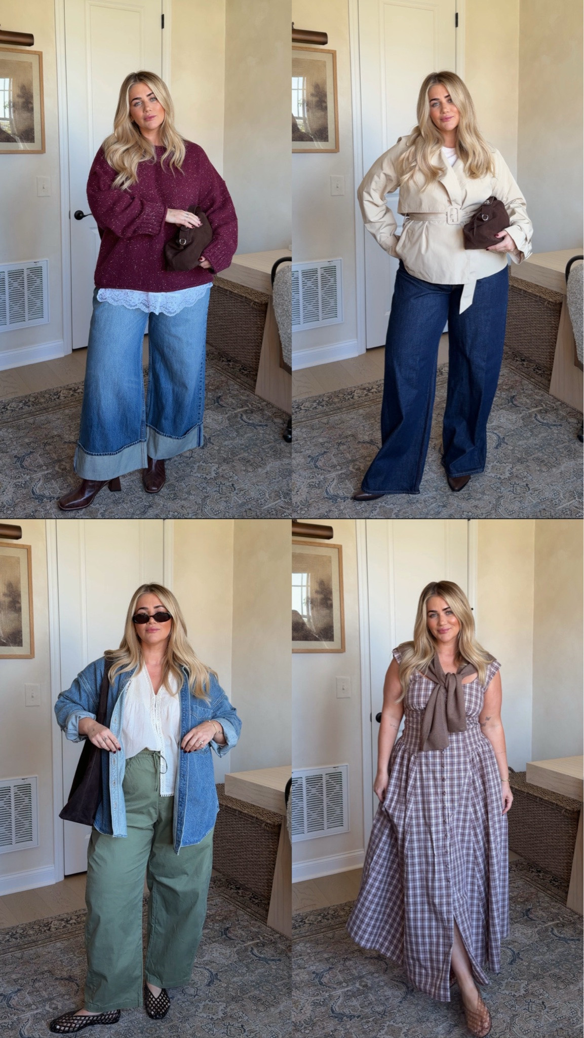 #Abercrombiepartner #ad @abercrombie Nothing better than shopping for
a new season! My recent fall abercrombie order🍂
Burgundy Sweater- XL
Lace Under Tank- XL
Cuffed Jeans- 33 Short
Tan utility jacket- XL
Green Pants- Large (Runs oversized)
White blouse- Large
Denim button up- XL
Dark Wash Jeans- 32 long
Cropped Trench Coat- Large
Plaid Dress- Large