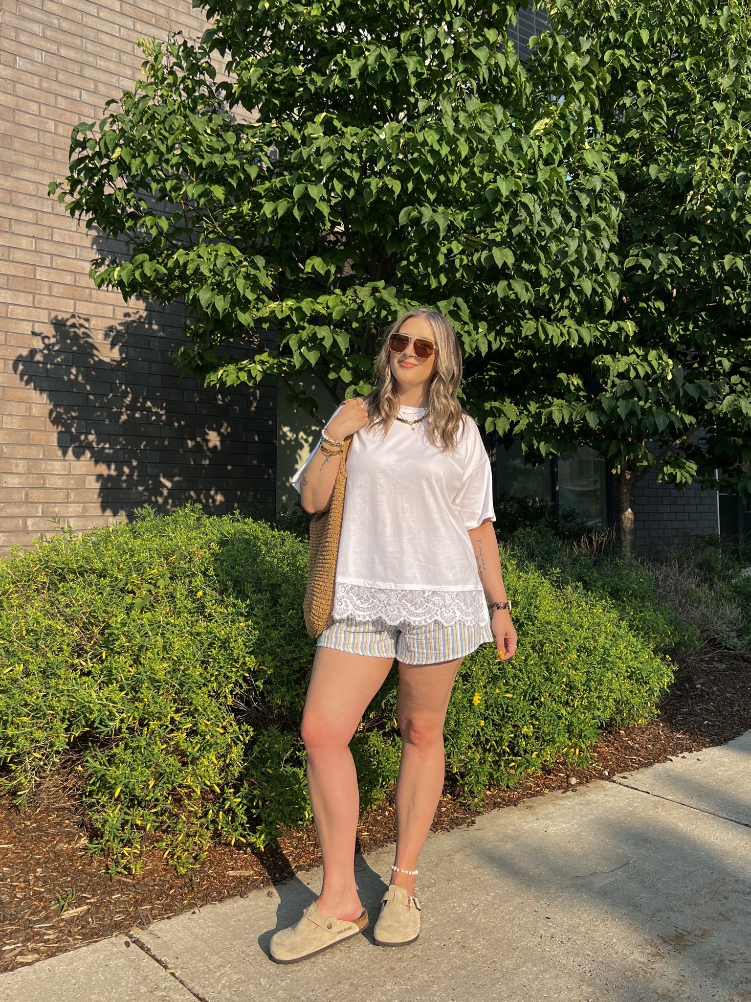Comfy casual summer outfit! Wearing my usual size L in both the lace trim tee and striped shorts. Canadian Old Navy links are under “similar products”. I’m a 9.5-10 shoe and wear a 40 in the Birkenstock Boston clogs

#LTKsummer #LTKsale #LTKmidsize