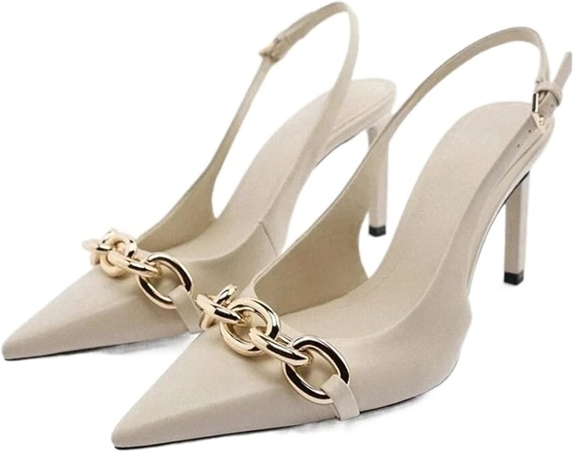 MBNVBNM High Heels Women's high heels with metal chain, black leather heeled sandals, summer | Amazon (CA)