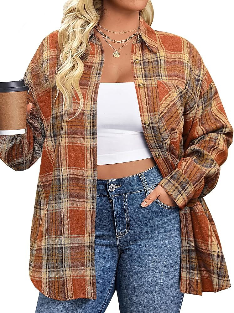 IN'VOLAND Womens Plus Size Flannel Shirts Long Sleeve Button Down Plaid Top | Amazon (US)