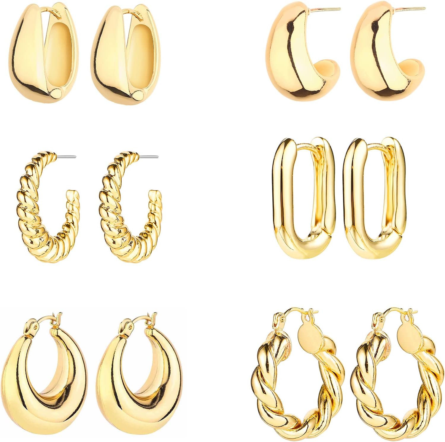 6 Pairs 14K Gold Plated Hoop Earrings for Women Lightweight Chunky Hoop Earrings Multipack Hypoallergenic, Thick Open Twisted Huggie Hoops Earring Set Jewelry for Gifts. | Amazon (US)