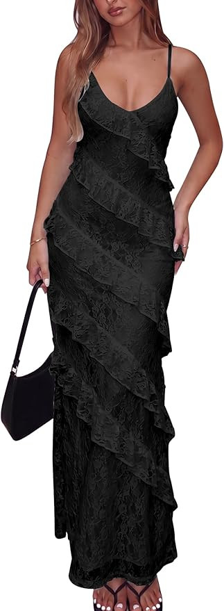 HOCILLE Women's Sexy V Neck Floral Lace Wedding Bodycon Spaghetti Strap Elegant Ruffle Maxi Cockt... | Amazon (US)
