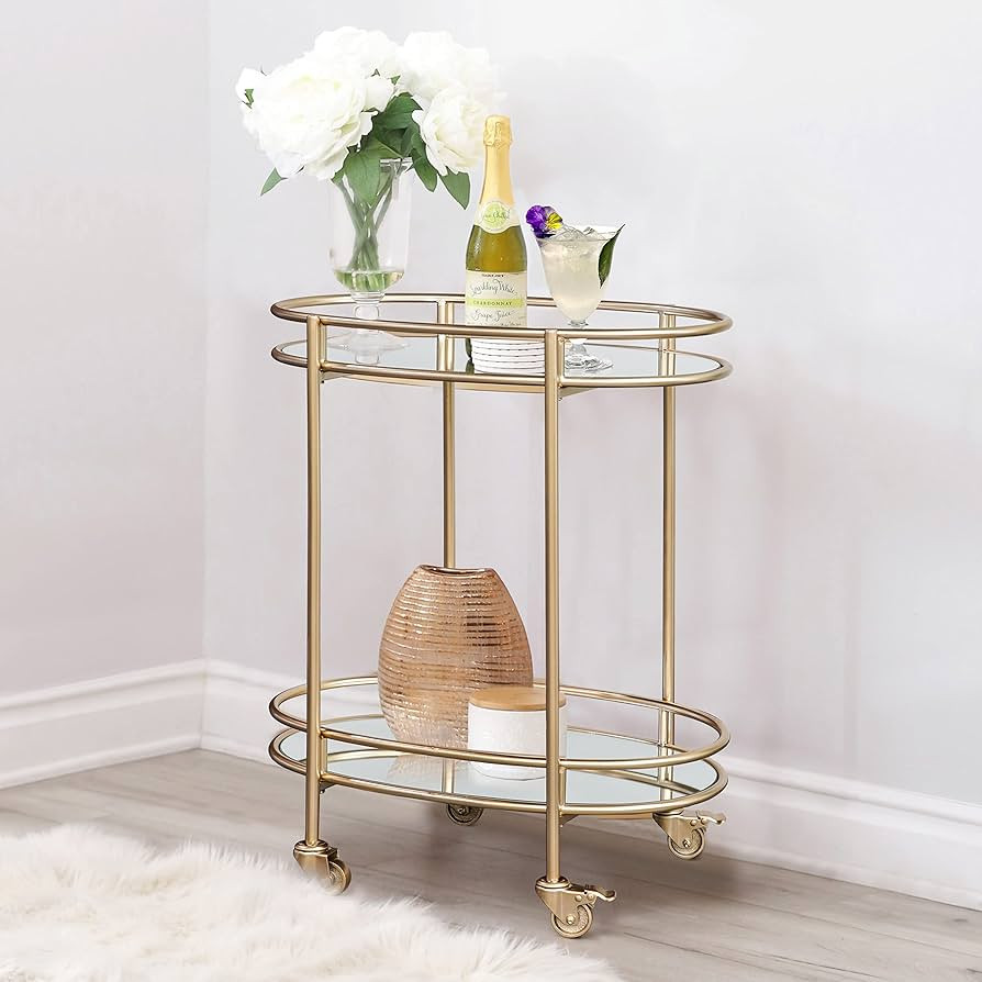 Ohsuaniy Gold Bar Cart, Oval Metal Mirror Home Bar Serving Cart, 2-Tier Outdoor Rolling Wine Cart... | Amazon (US)