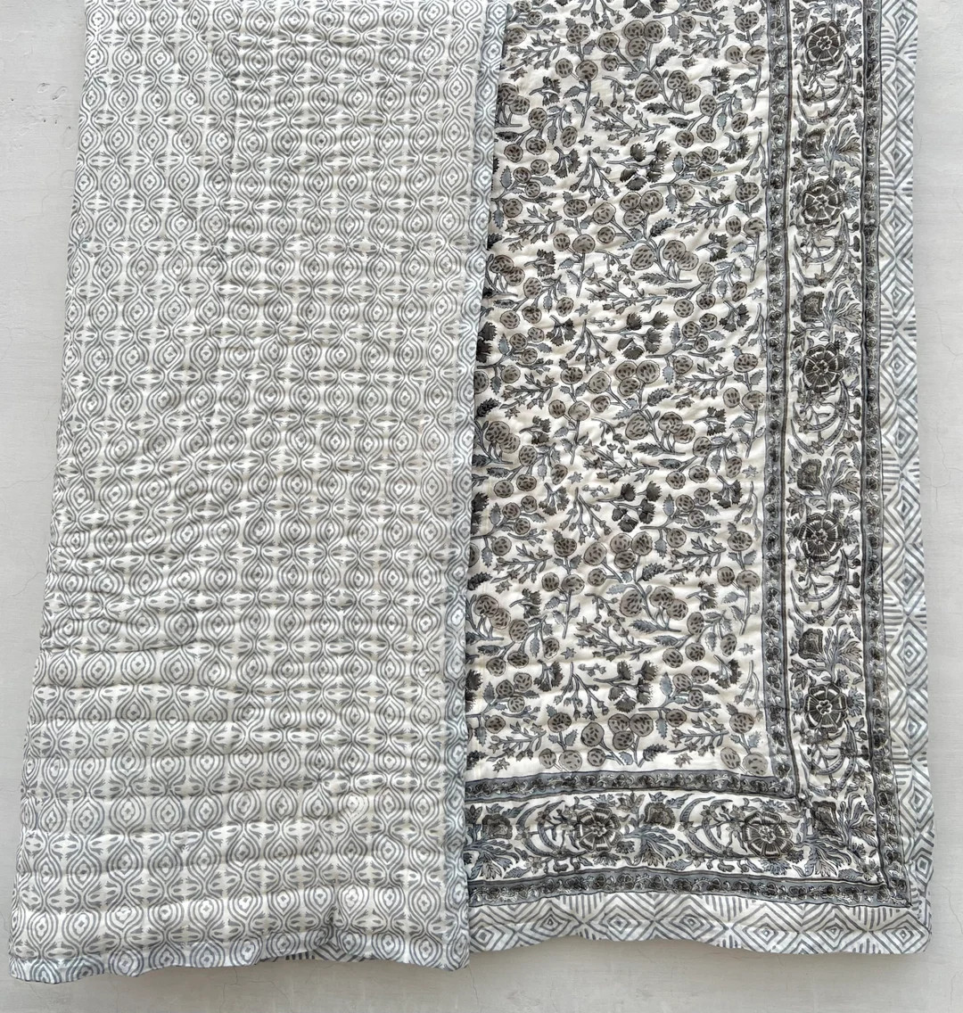 New Hand Block Print Cotton Quilt Reversible Indian Quilt New Floral Print Quilt - Etsy | Etsy (US)