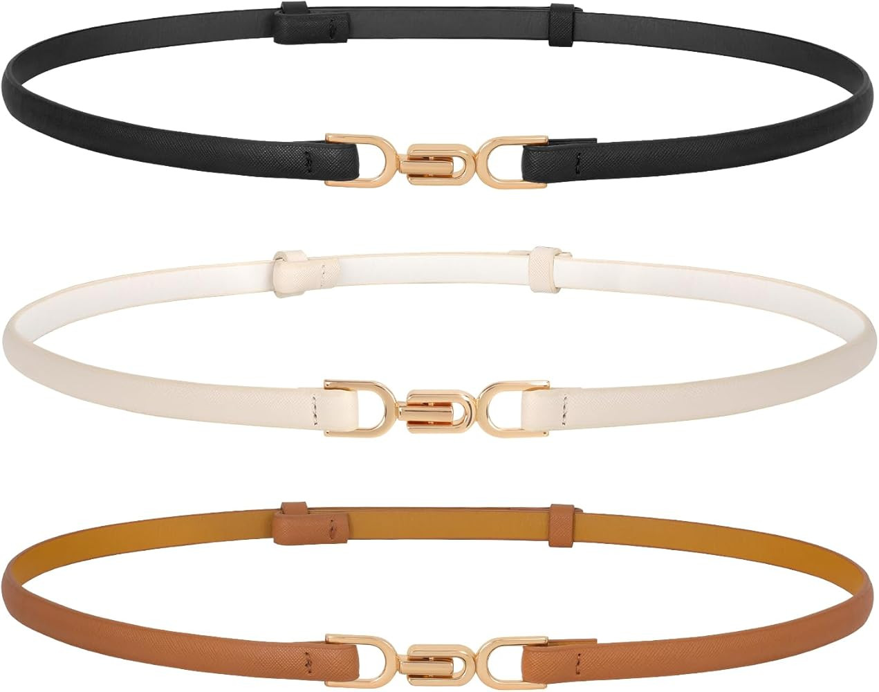 Women Skinny Leather Belts 3 Pack Ladies Adjustable Thin Waist Belts with Gold Buckle for Dresses | Amazon (US)