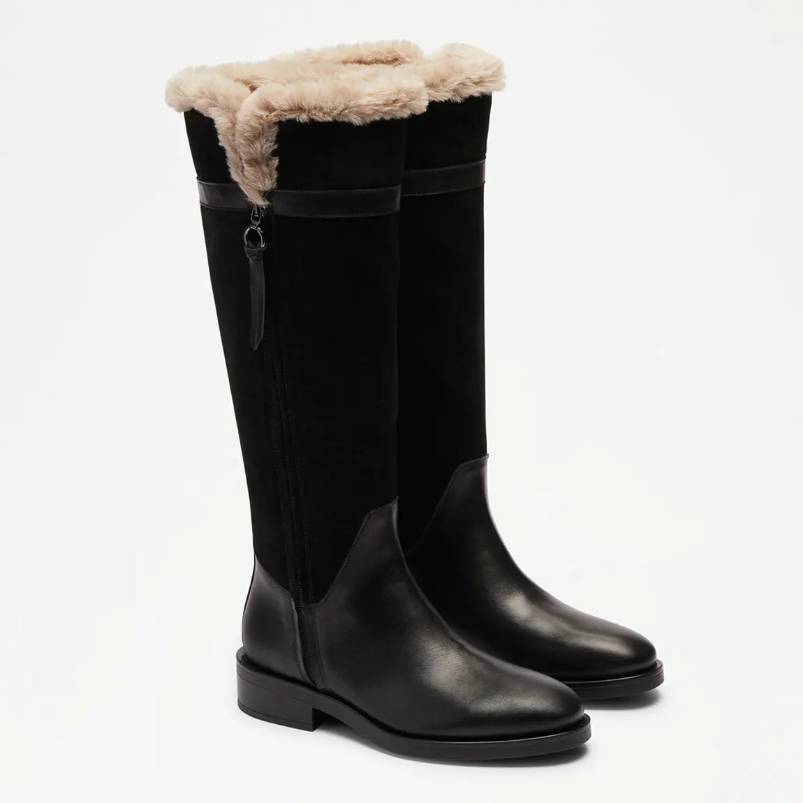 Women's Black Slope Shearling Lined Flat Tall Boots | BrandAlley
