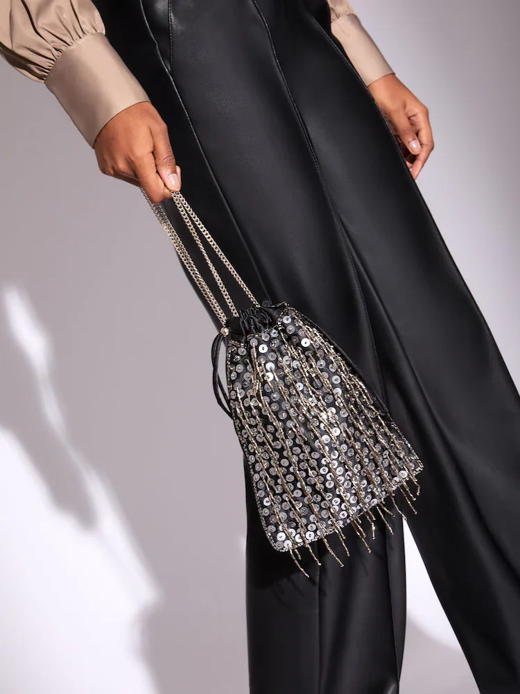 Buy Lipsy Black Sequin Fringe Satin Pouch Bag from Next Ireland | Next EU