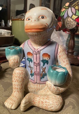 Vintage Ceramic Chinoiserie Oriental Monkey In Vest Holding small lotus bowls | eBay AU
