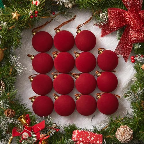 Brightown 15 Pcs Red Velvet Christmas Balls, 2.36 Inch Velvet Ornaments for Christmas Tree, Christma Tree Flocked Ornaments Balls for Family Holiday Wedding Party Xmas Hanging Decoration | Amazon (US)