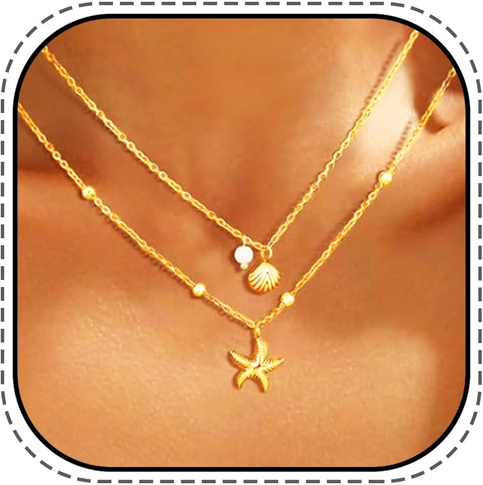 Asooll Starfish Necklace Boho Gold Necklace Chain Pearl Beachy Necklaces for Women | Amazon (US)