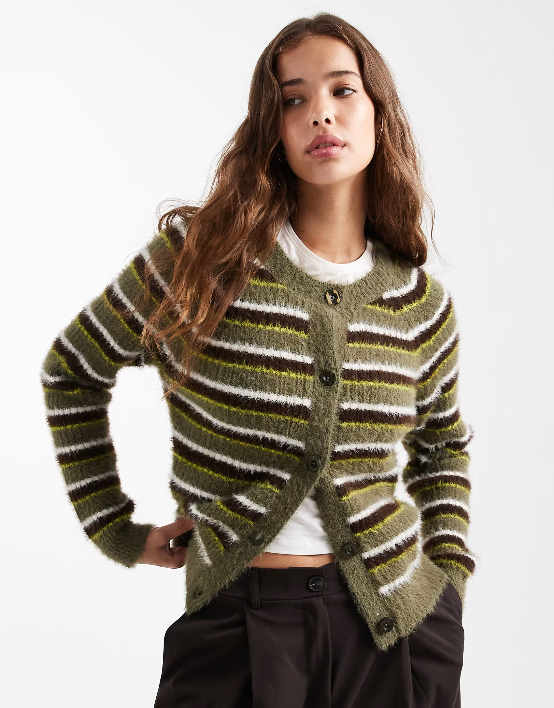 Threadbare crew neck fluffy cardigan in green stripe | ASOS (Global)