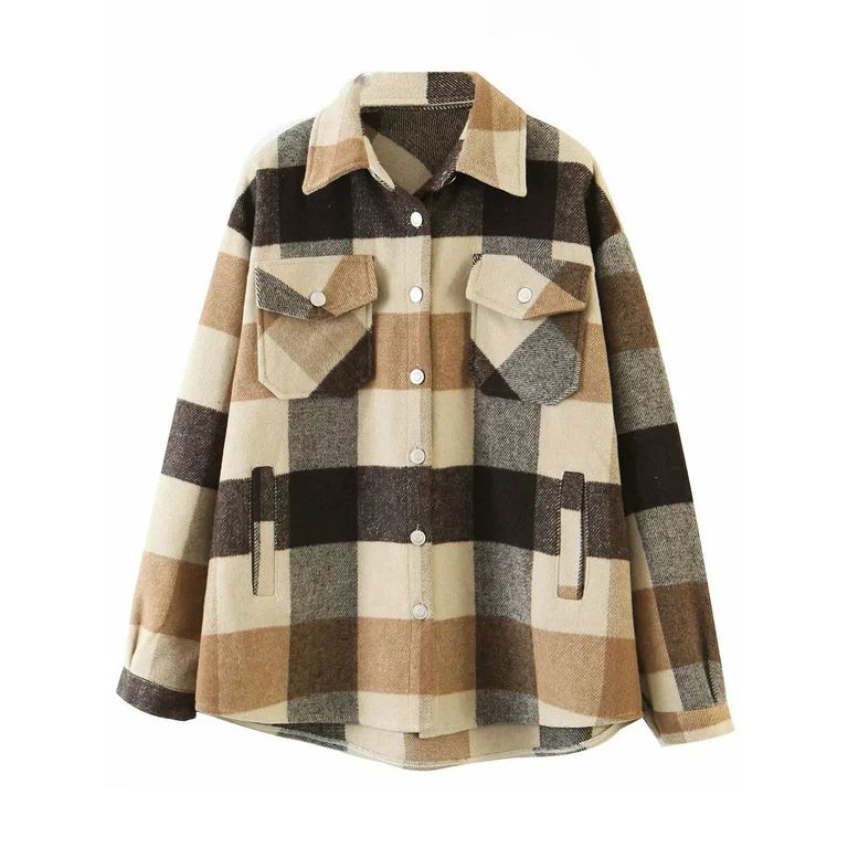 Aunavey Womens Plaid Lapel Button Dwon Shacket Warm Jacket Shirts Coats with Pockets | Walmart (US)