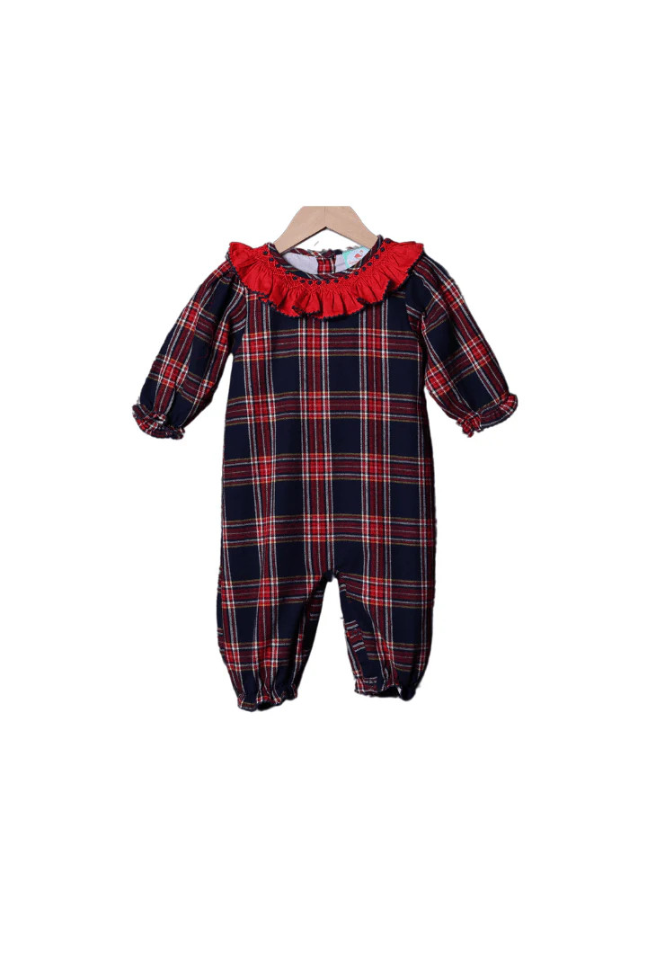 Smocked Christmas Navy Tartan Plaid Ruffle Romper | The Smocked Flamingo