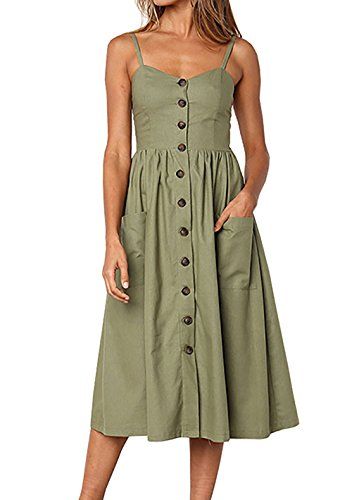FOUR CLOUR Womens Summer Casual Spaghetti Strap Button Down A Line Swing Midi Dress with Pockets ... | Amazon (US)