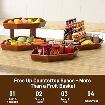 Wooden Fruit Basket for Kitchen Counter 2 Tier, Large Capacity Fruit Bowl for Corner, Space-Savin... | Amazon (US)