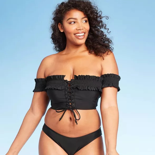 Women's Off the Shoulder Smocked Lace-Up Bikini Top - Xhilaration™ Black | Target