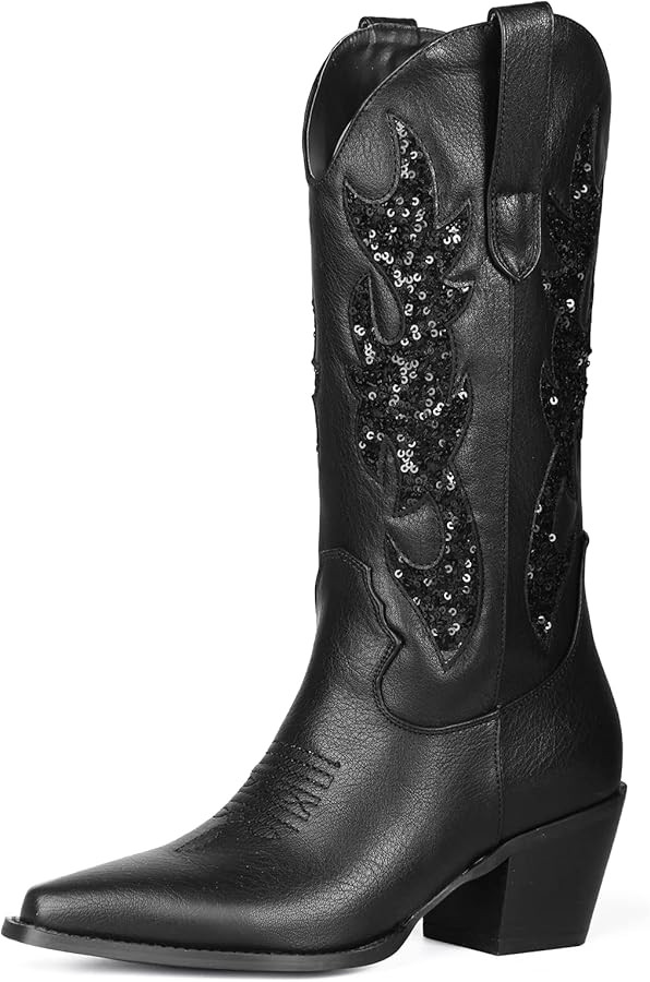 Women's Cowgirl Embroidered Western Cowboy Boots, Mid Calf Booties Pointed Toe Chunky Heel 5cm Pu... | Amazon (US)